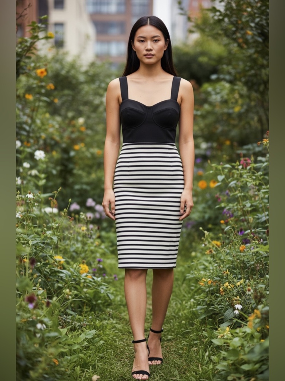 Windsor Vintage Black Bustier & White-Black Striped Midi Dress Size S